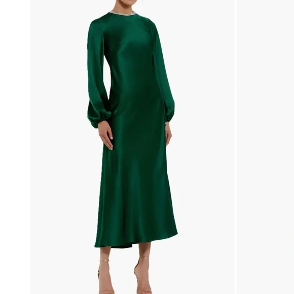Mac Duggal Emerald Green Satin High Neck Long Sleeve Crystal Detail Midi Dress - Picture 2 of 4